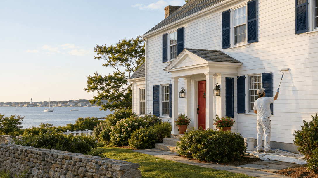 Professional painter refreshing the exterior of a Cape Cod home